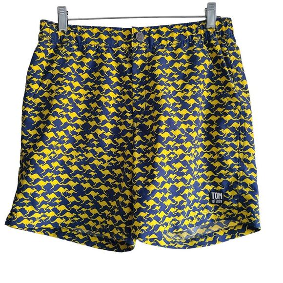 TOM & TEDDY Gold and Blue Jumping Kangaroo UPF50+ Swim Shorts Men's Size Small - Picture 1 of 12